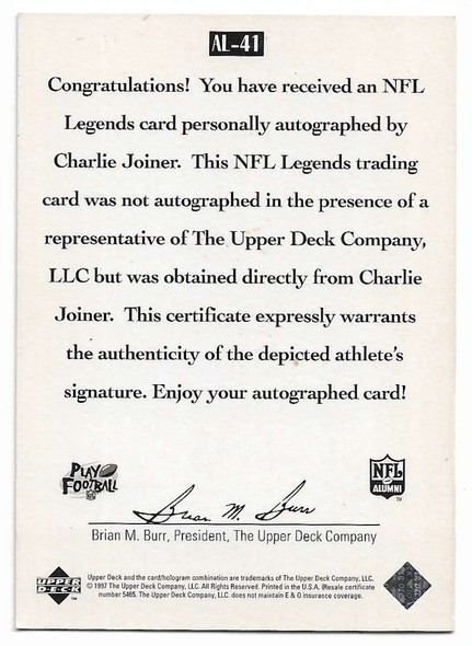 Charlie Joiner 1997 Upper Deck Legends AUTOGRAPHED Card AL-41