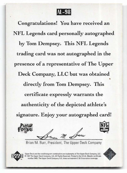 Tom Dempsey 1997 Upper Deck Legends AUTOGRAPHED Card AL-98