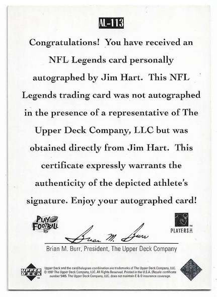 Jim Hart 1997 Upper Deck Legends AUTOGRAPHED Card AL-113