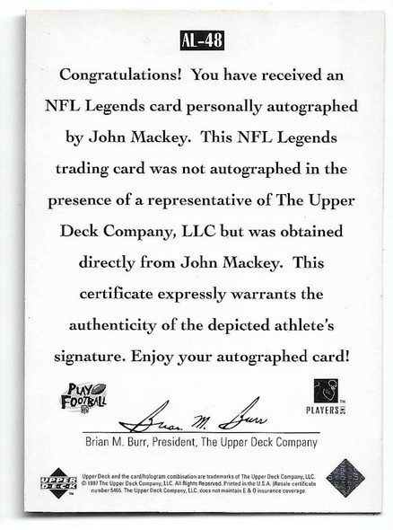 John Mackey Baltimore Colts 1997 Upper Deck Legends AUTOGRAPHED Card AL-48