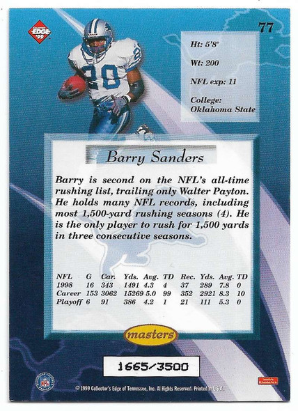 Barry Sanders 1999 Edge Masters Holosilver Card 77 1665/3500