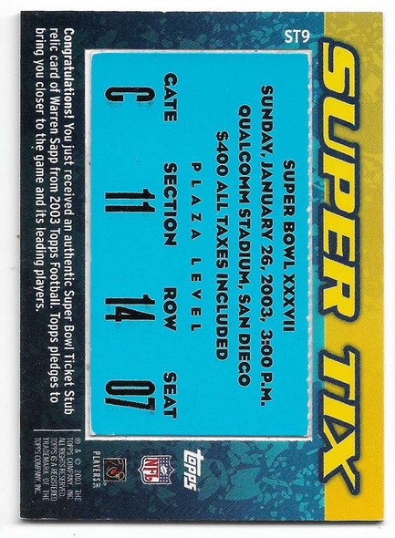 Warren Sapp Tampa Bay Buccaneers 2003 Topps Super Tix Card ST9