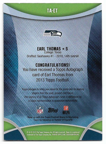 Earl Thomas 2013 Topps AUTOGRAPHED Rookie Card TA-ET