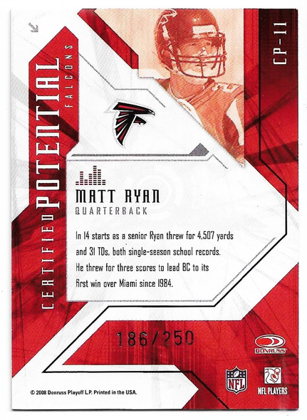 Matt Ryan 2008 Leaf Certified Materials Potential Red Card CP-11 186/250