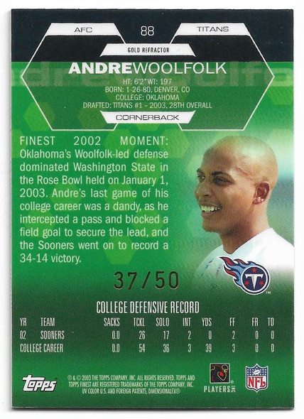 Andre Woolfolk 2004 Topps Finest Gold Refractors Rookie Card 88 37/50