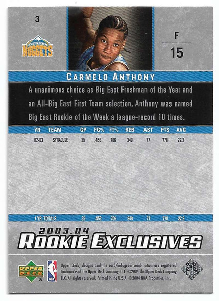 Carmelo Anthony 2003-04 Upper Deck Rookie Exclusives Card 3 ROOKIE  A