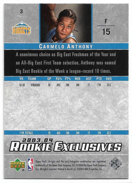 Carmelo Anthony 2003-04 Upper Deck Rookie Exclusives Card 3 ROOKIE B