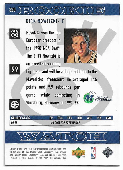 Dirk Nowitzki 1998-99 Upper Deck ROOKIE Card 329