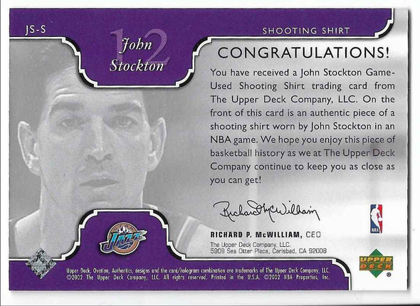John Stockton 2001-02 Upper Deck Ovations Authentics SHOOTING SHIRT Card JS-S