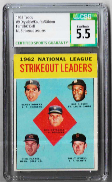 Don Drysdale, Sandy Koufax, Bob Gibson 1963 Topps Card 1962 NL SO Leaders Graded 5.5 CSG