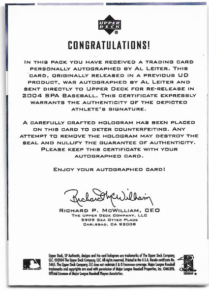 Al Leiter 2004 Upper Deck SPA AUTOGRAPHED Card 219 29/60