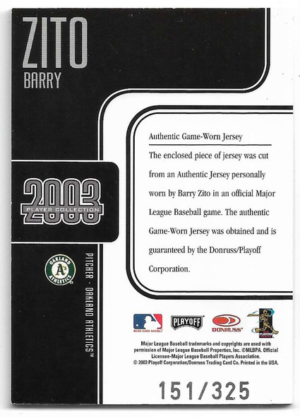 Barry Zito 2003 Playoff Prestige Player Collection 3-COLORS JERSEY Card 100 151/325