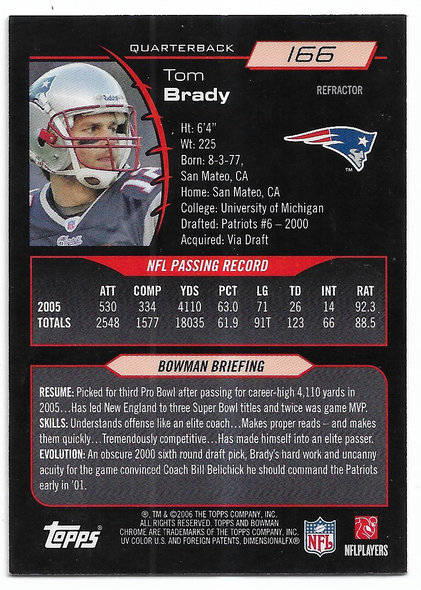 Tom Brady 2006 Bowman Chrome Refractor Card 166