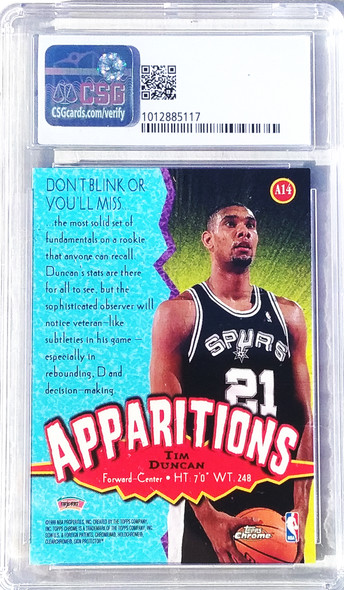 Tim Duncan 1998-99 Topps Chrome Apparitions Card A14 Graded 7.5 CSG