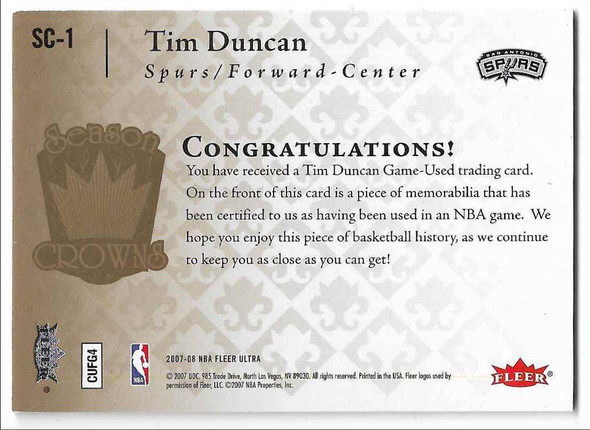 Tim Duncan 2007-08 Fleer Ultra Season Crowns Card SC-1