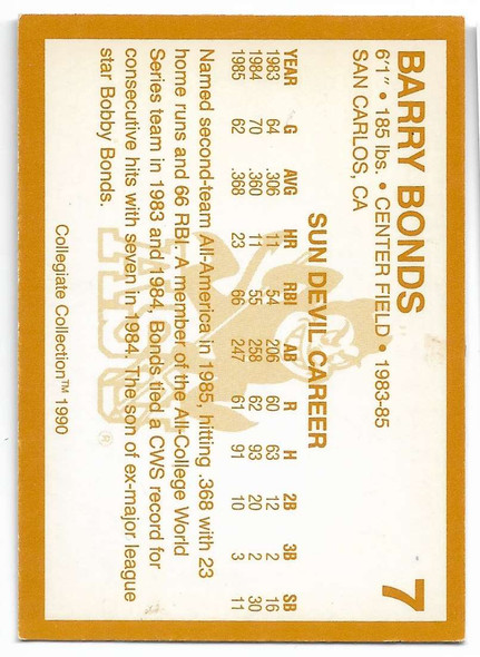 Barry Bonds 1990 Arizona State Collegiate Collection Card 7