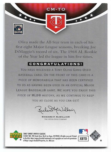 Tony Oliva 2007 Upper Deck Sweet Spot Classic Memorabilia Card CM-TO