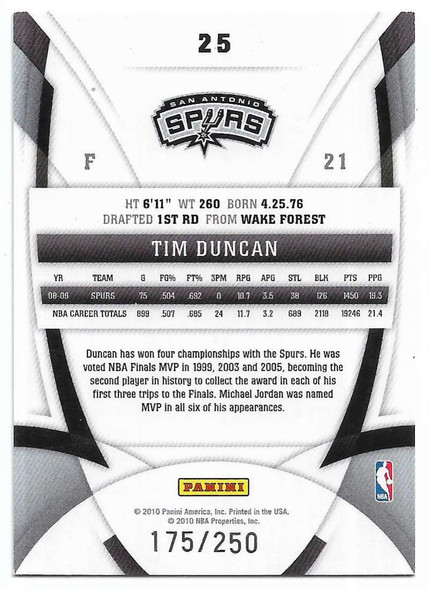 Tim Duncan 2009-10 Panini Certified Red Foil Card 25 174/250