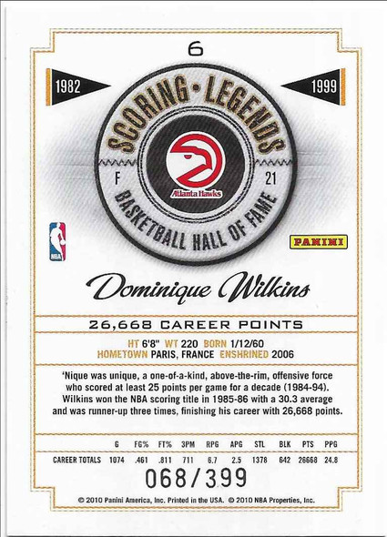 Dominique Wilkins Atlanta Hawks 2009-10 Panini Hall of Fame Card 6  068/399