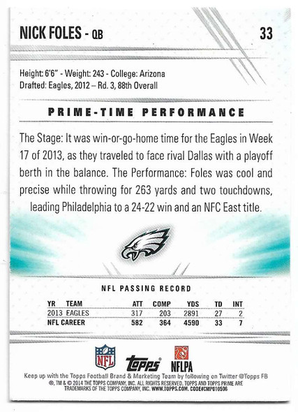 Nick Foles 2014 Topps Prime Card 33