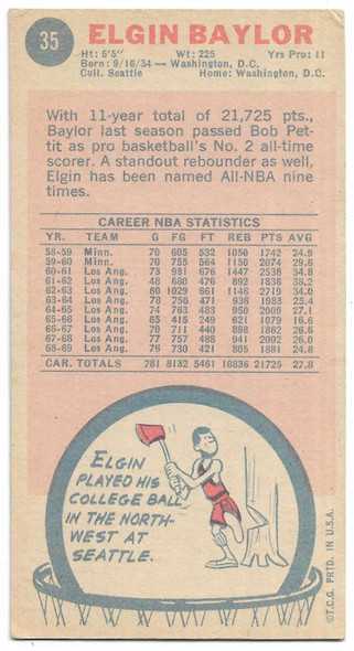 Elgin Baylor Los Angeles Lakers 1969-70 Topps Card 35