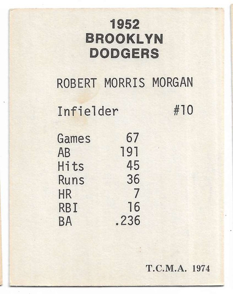 Bobby Morgan 1974 TCMA 1952 Brooklyn Dodgers Card