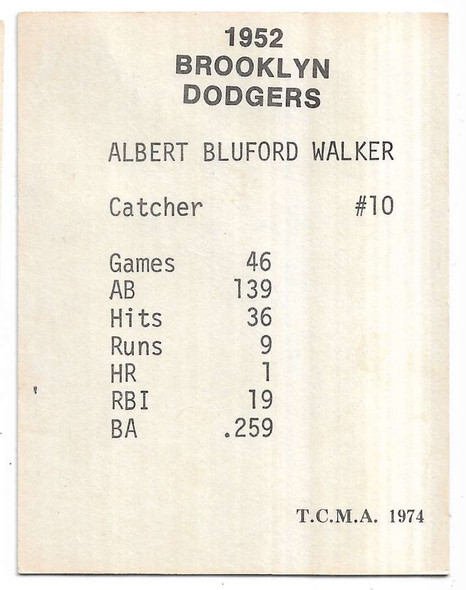 Rube Walker 1974 TCMA 1952 Brooklyn Dodgers Card