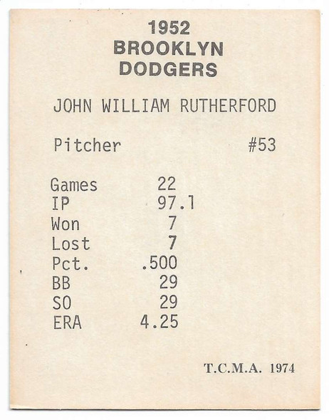 Johnny Rutherford 1974 TCMA 1952 Brooklyn Dodgers Card