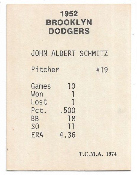 Johnny Schmitz 1974 TCMA 1952 Brooklyn Dodgers Card