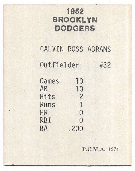Cal Abrams 1974 TCMA 1952 Brooklyn Dodgers Card