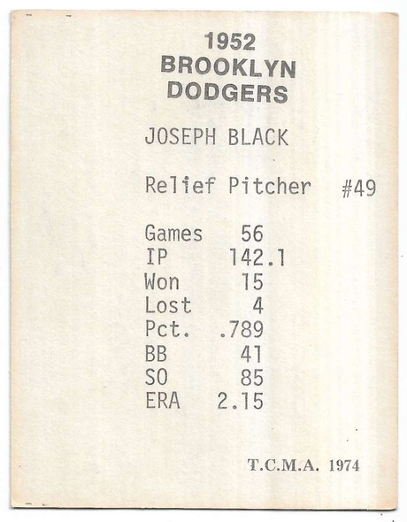 Joe Black 1974 TCMA 1952 Brooklyn Dodgers Card