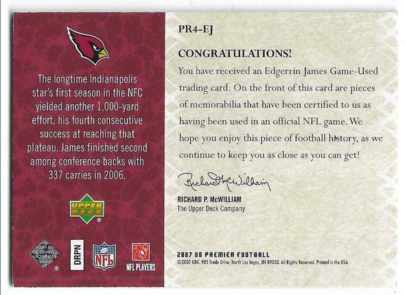 Edgerrin James 2007 UD Authentics Premier Remnants Gold Jersey Card PR4-EJ 26/75