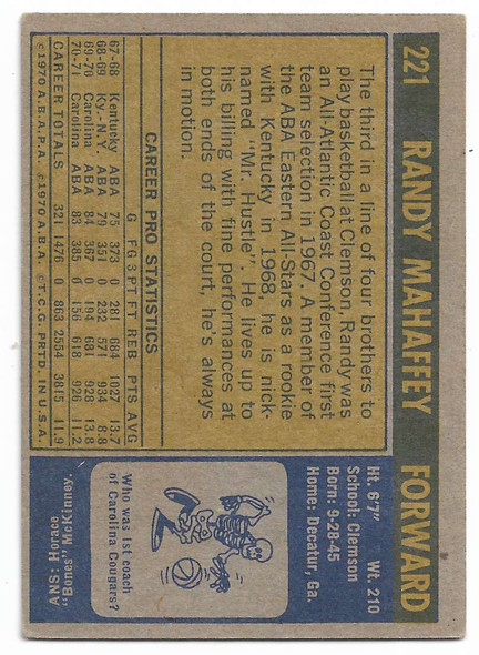 Randy Mahaffey 1971-72 Topps Card 221