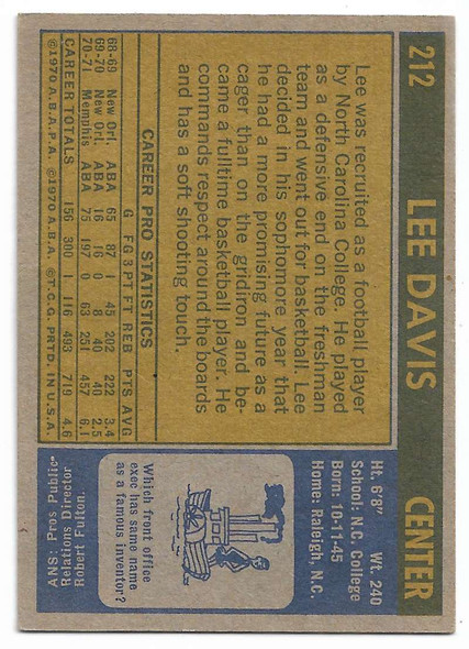 Lee Davis 1971-72 Topps Card 212