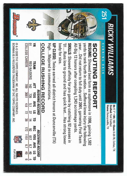 Ricky Williams 2002 Bowman Silver Rookie Card 251 207/250