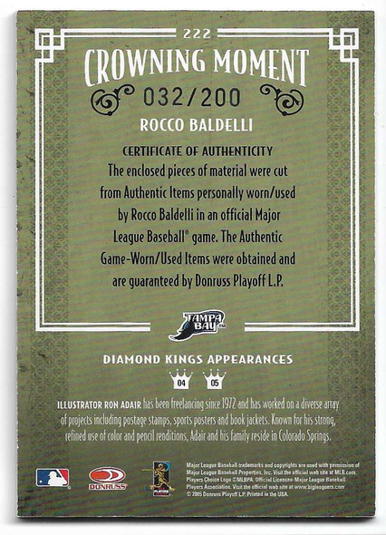 Rocco Baldelli 2005 Donruss Diamond Kings Jersey and BAT Card 222 032/200