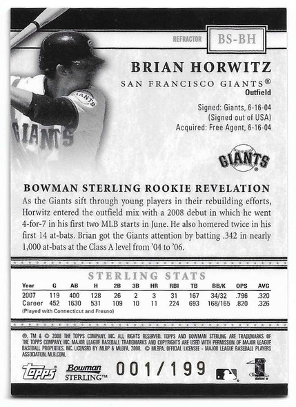 Brian Horwitz 2008 Bowman Sterling Refractors Card BS-BH 001/199