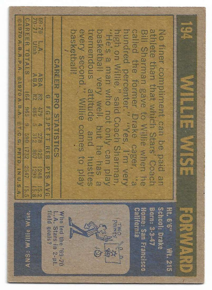 Willie Wise 1971-72 Topps Rookie Card 194