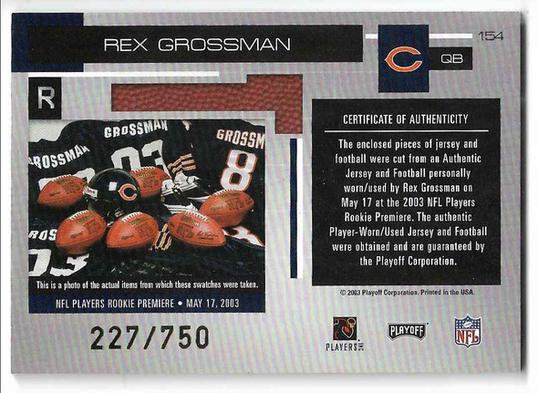 Rex Grossman 2004 Playoff Memorabilia Rookie Premiere Materials Football and Jersey Card 154 227/750