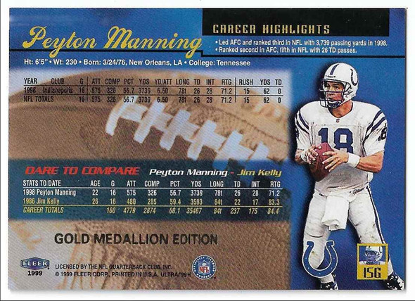 Peyton Manning 1999 Ultra Gold Medallion Edition Card 15G