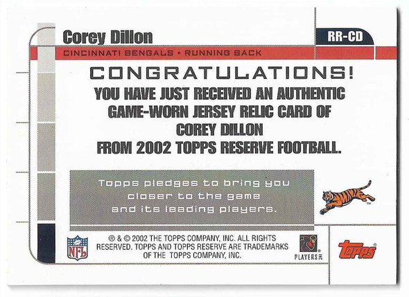 Corey Dillon 2002 Topps Reserve Jersey Card RR-CD