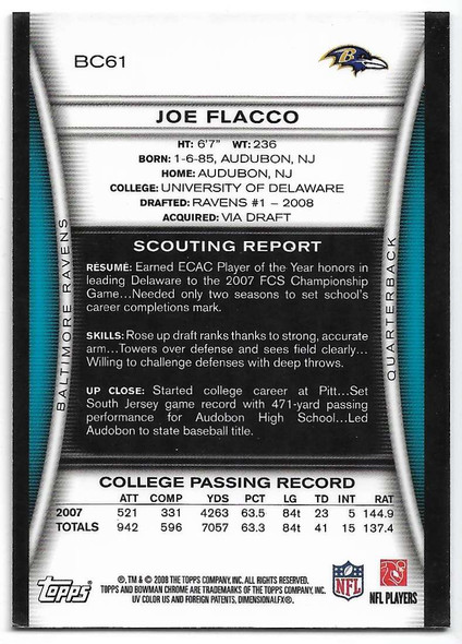 Joe Flacco 2008 Bowman Chrome Rookie Card BC8 (a)