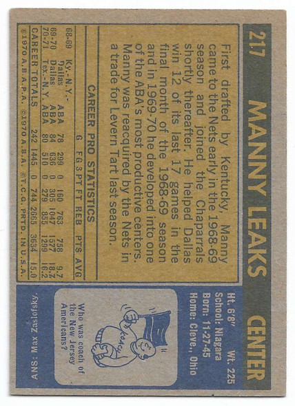 Manny Leaks 1971-72 Topps Rookie Card 217 (a)