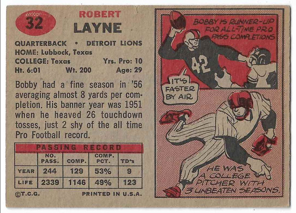 Bobby Layne 1957 Topps Card 32