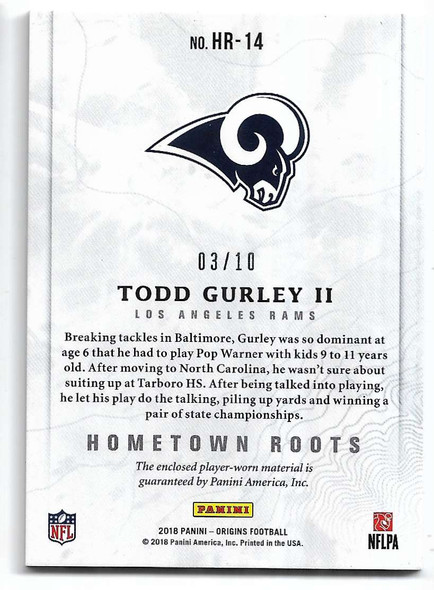 Todd Gurley 2018 Panini Origins Hometown Roots GAME-WORN JERSEY Card  HR-14 3/10