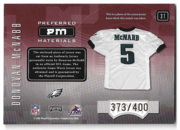 Donovan McNabb 2001 Playoff Preferred Preferred Materials Jersey Card 31 373/400