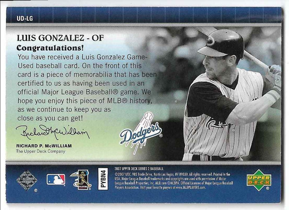 Luis Gonzalez 2007 Upper Deck UD Game Materials  Jersey Card UD-LG