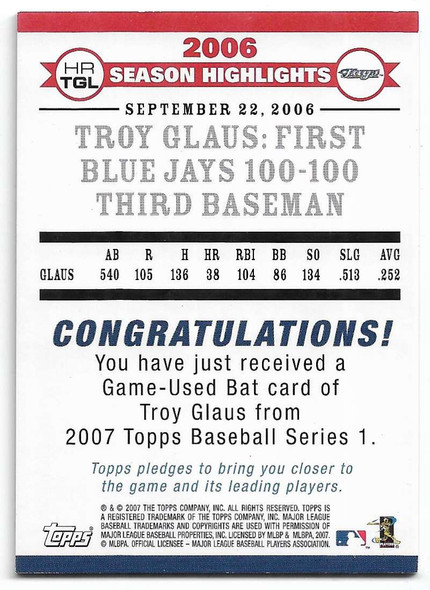 Troy Glaus 2007 Topps Highlights Relics GAME-USED BAT Card HRTG2