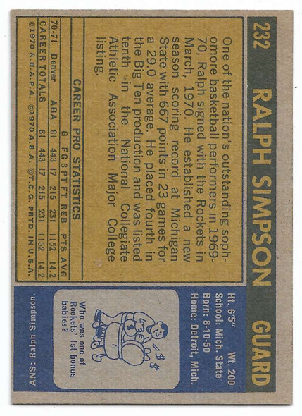Ralph Simpson 1971-72 Topps Card 232