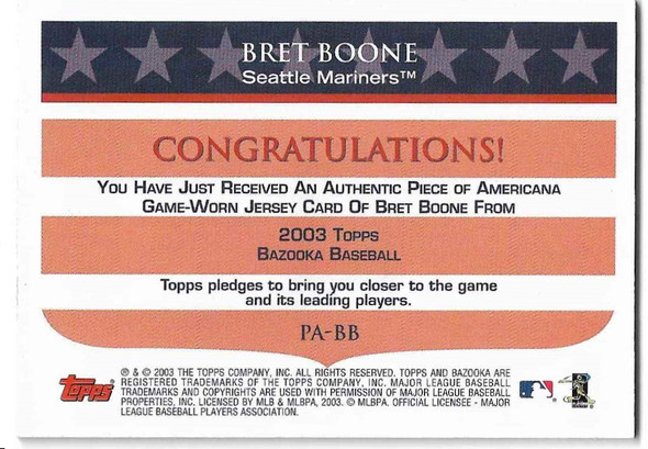 Bret Boone 2002 Bazooka Piece of Americana GAME-WORN JERSEY Card PA-BB